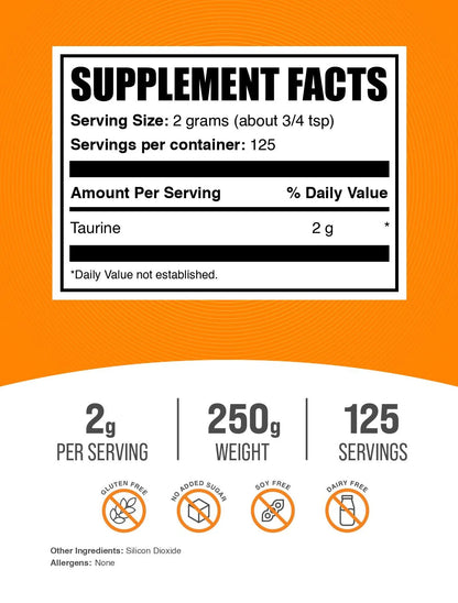 Bulksupplements Taurine Powder - Gluten Free, 2G per Serving - 1 Kilogram (2.2 Lbs) - 500 Servings
